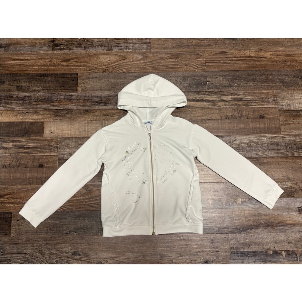 EUC MAYORAL White Cotton Ruffled Hoodie Sweatshirt 9 134